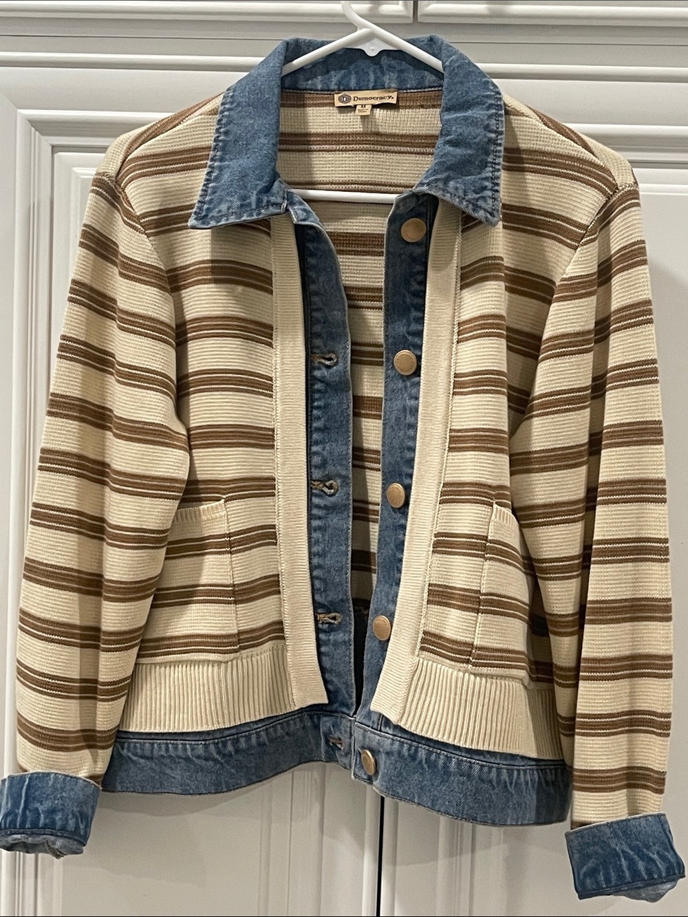 NWT Democracy ivory cream Striped Knit Jacket with Blue Denim Trim - Picture 1 of 14